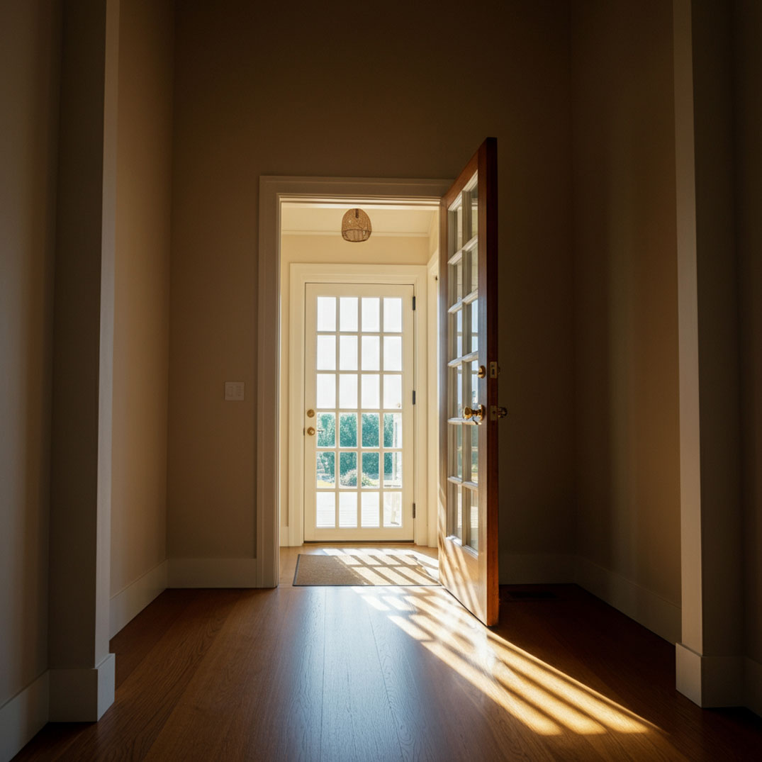 Sunlit interior doorway with timber floorboards